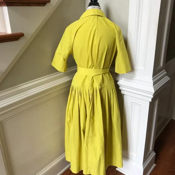 CO Half Placket Belted Shirt Dress Womens Medium Citron Yellow Short Sleeve Midi